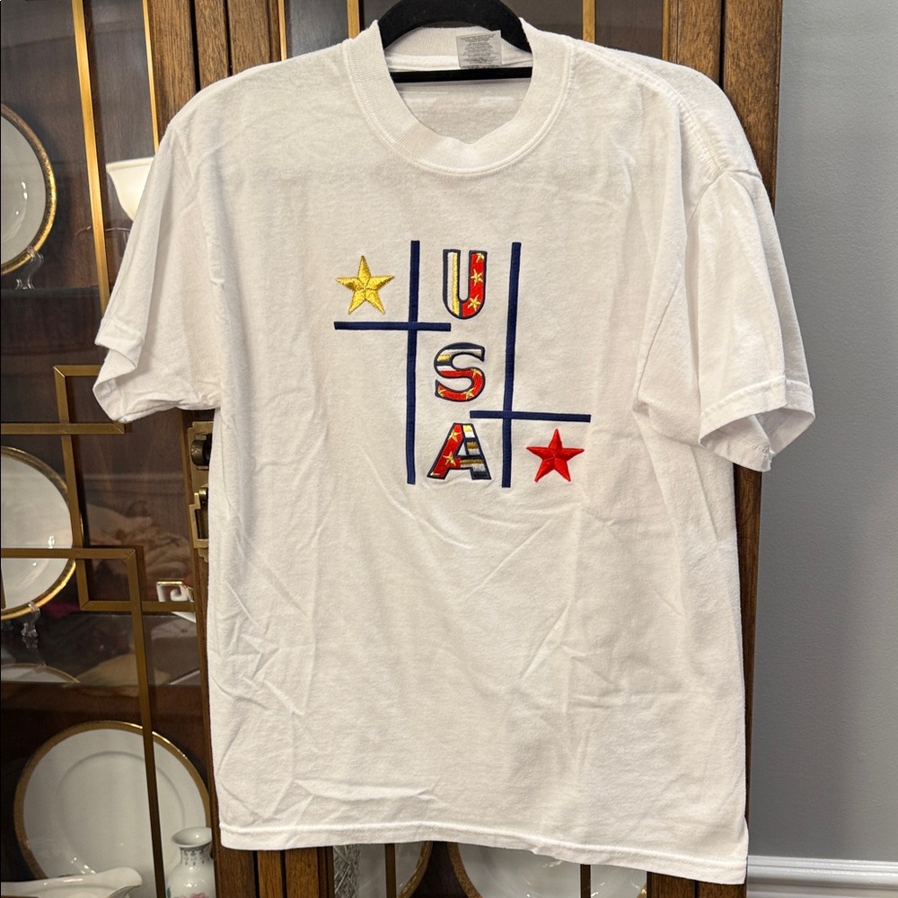 Jerzees Vintage White USA Graphic Short Sleeve Tee with Red & Yellow Stars